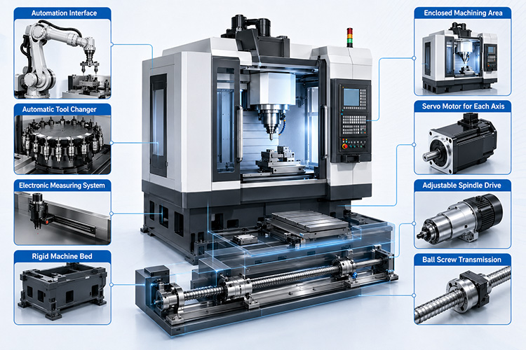 Modern CNC machine structure diagram with key components