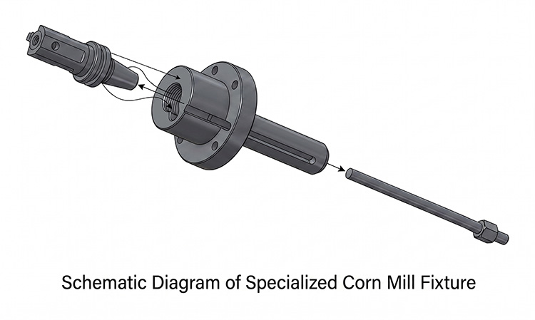 Exploded assembly of a dedicated fixture for a corn milling cutter