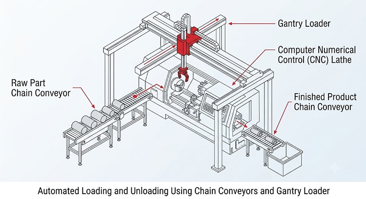 Convoyeur à chaîne et chargeur à portique pour l'automatisation d'un tour CNC